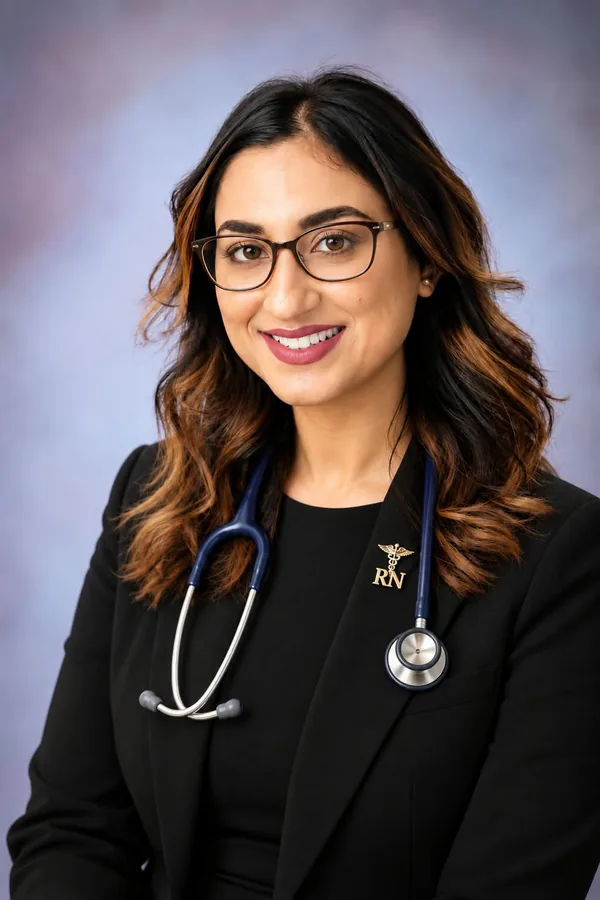 Professional headshot of Jasraj Kaur, RN, in a black blazer with a stethoscope