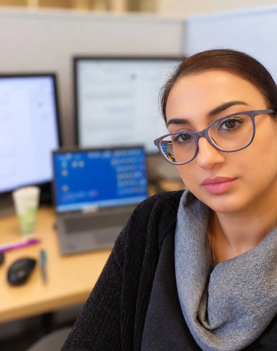 Jasraj at her desk with computer screens behind her