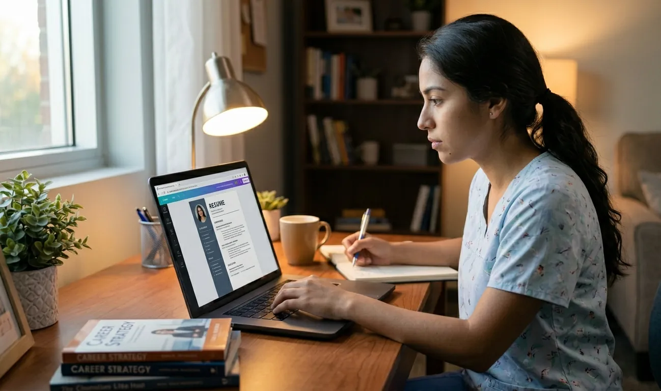 Nurse working on a professional nursing resume on her laptop at home