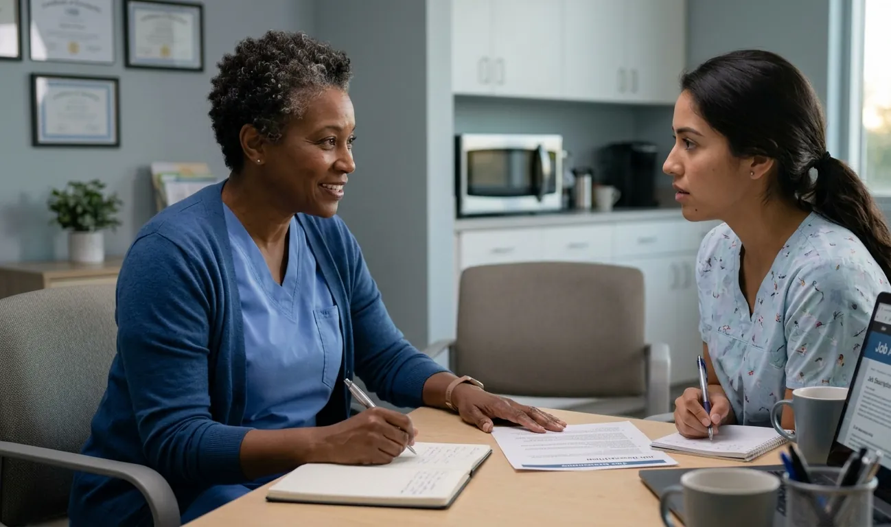 Experienced nurse coaching a newer nurse through interview preparation