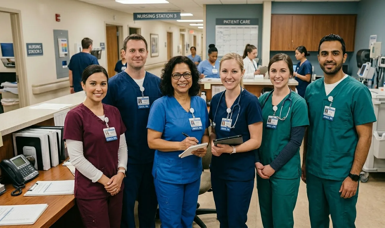 Team of smiling nurses in scrubs at a hospital nursing station